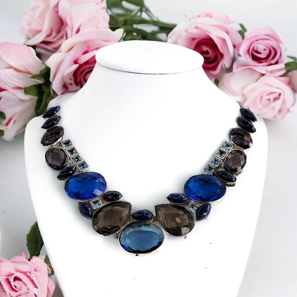 Purple Freshwater Pearl Blue Topaz Statement Necklace Artisan Silver Frame